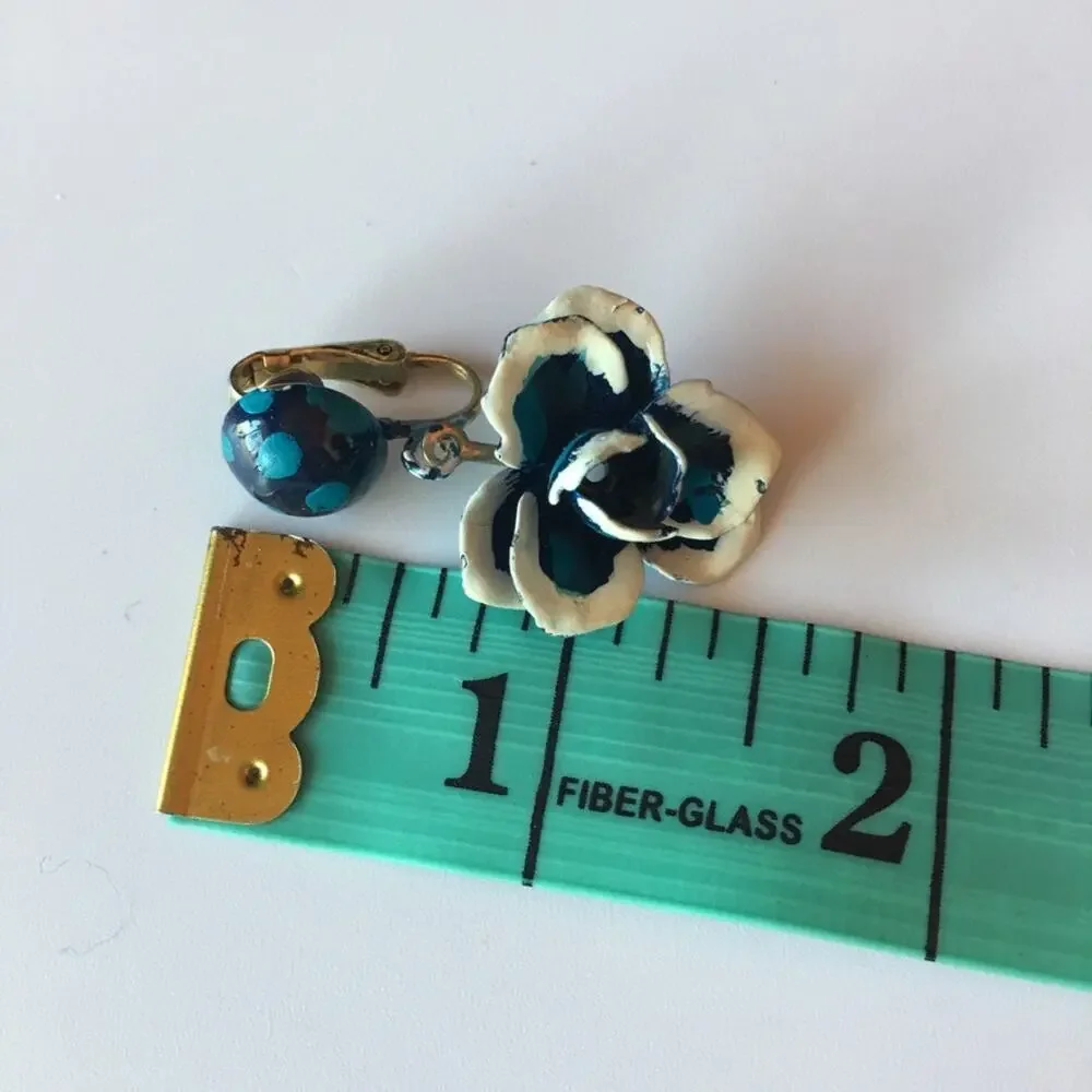 Vintage hand-painted blue pansy clip-on earrings